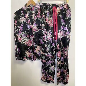 ND Intimates Women's Size M‎ 2-Piece Pajama Set Satin Black Floral Notch Collar